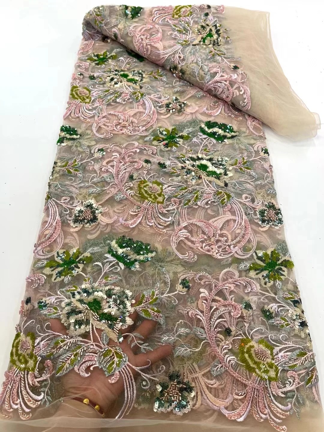 African Lace Fabric 5 Yards 2025 High Quality Elegant Beads Embroidered French Nigerian Sequins Lace Fabric For Wedd
